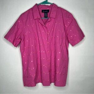 Denim & Co. Blouse Hot Pink M Floral Embroidered Eyelet Short Sleeve Button Up